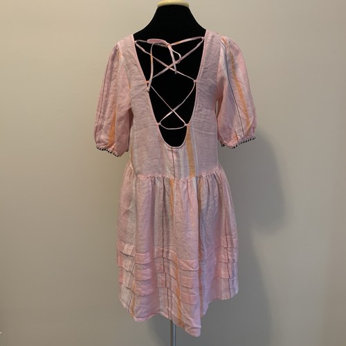 Lemlem By Liya Kebede & H&M 100% Linen Dress Pink Striped Lace Up Medium Boho - Picture 7 of 12