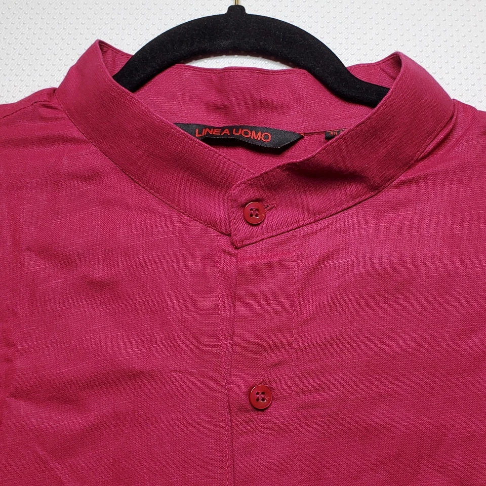 Linea Uomo Mens Short Sleeve Button Shirt 4XL Burgandy Linen Blend Split Hem - Image 2 of 4