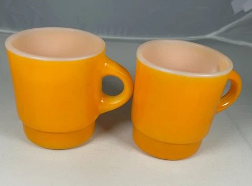 2 Vintage Anchor Hocking Fire King Orange Stacking Coffee Cup Mug C Handle