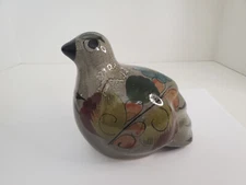 Vintage Tonala Mexican Gray with Handpainted Flowers Bird Figurine - 4 1/4" Tall