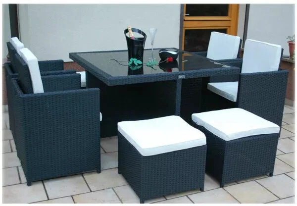 GIOMANI DESIGNS RATTAN CUBE GARDEN FURNITURE SET RATTAN TABLE CHAIRS OUTDOOR PATIO BLACK WICKER
