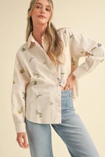 &Merci Women's Embroidered Spring Flowers Button-Down Shirt Top in Cream