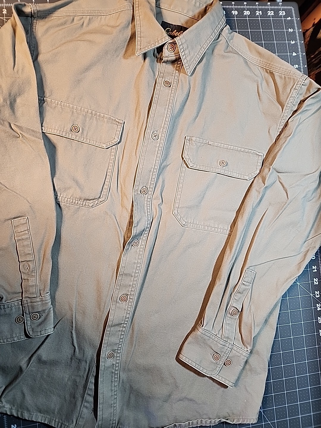 Cabela's Work  Shirt Large Long Sleeve Button Front Khaki Heavy Duty