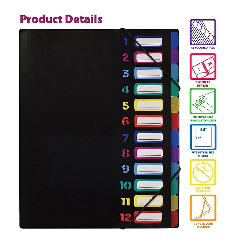 24 Clear Expanding File Folder 12 Colored Tabs,Holds 300 Sheets ...