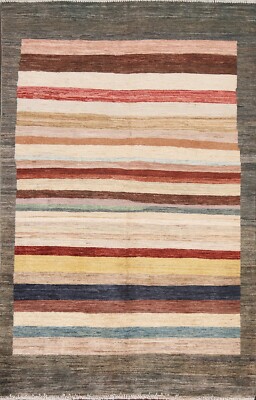 Striped Gabbeh Modern Oriental Area Rug Hand-knotted Wool Foyer Carpet 4x6 ft