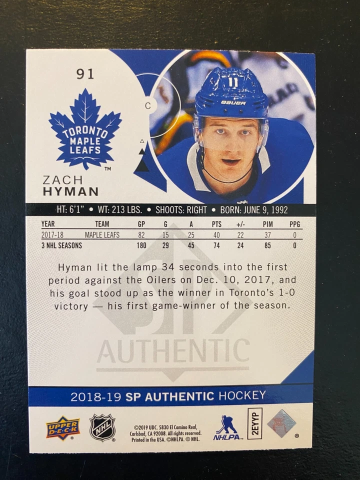 Zach Hyman 2018-19 SP Authentic Upper Deck #91 Toronto Maple Leafs - Image 2 of 2
