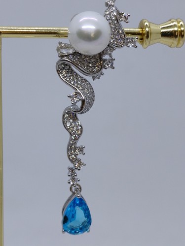 Genuine Huge Natural 14mm White Sea Pearl Earrings Drop PT950 Platinum Diamonds - Picture 20 of 24