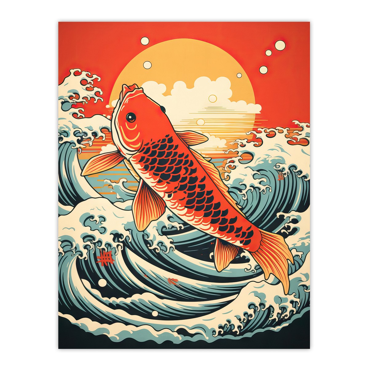 Japanese Koi Fish Leaping From Sea Great Wave Off Goldfish Wall