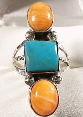 NAVAJO LORENA BROWN 925 STERLING TURQUOISE & SPINY OYSTER SIZE 9 RING 6.9g 