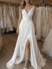 White Satin Sleeveless V-Neck A-Line Full-Length Wedding Dress with Ruching