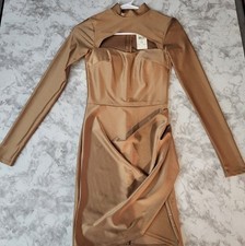Fashion Nova Bodycon Mock Neck Long Sleeve Midi Dress Camel XS Satin D2955