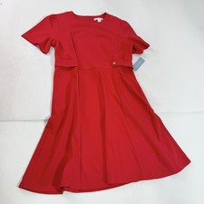 London Times Dress Womens 12 Red Puff Sleeve Fit Flare Knee Length Work Office