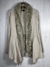 Signature Studio Faux Fur Collar Open Cardigan Sweater Beige Plus Size 3X Retro