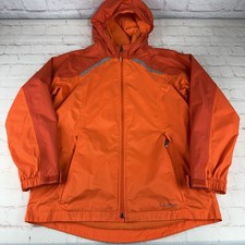 LL Bean Orange Lightweight Reflective Fleece Lined Rain Hooded Jacket Kids XL 18