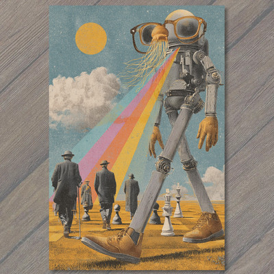 STICKER Surreal Robot Giant Rainbow Beam Chess Desert