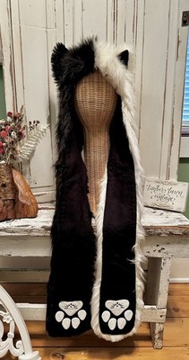SpiritHoods Black White Yin Yang Moon Wolf Faux Fur Hat Fox Rave Costume  NWT