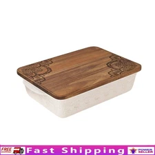 Vintage Lace Ceramic Baker W/ Wood Lid Perfect Baking Serving Potluck Meals New