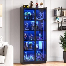 Display Cabinet with Doors and Adjustable Shelves,  Bookcase with LED Lights