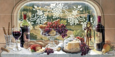 Ceramic Tile Mural Kitchen Backsplash - Harvest Celebration - Wine Fruit Food