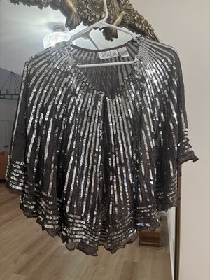 Vintage Scala Women s Black/Silver Sequin Ruffle Viscose Chiffon Top OS Pullover