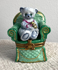 Limoges France Peint Main Removable Gray Teddy Bear On Green Chair Trinket Box