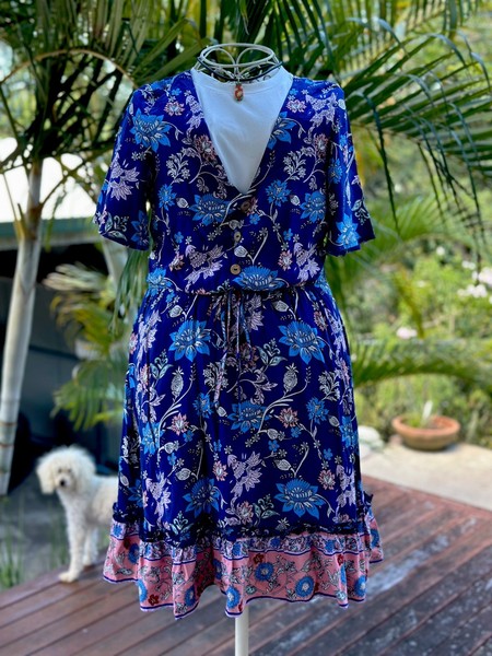 👗Ally-Ladies Blue Boho Print V-Neck Short Sleeves Mini Skater Dress/Baby Doll
