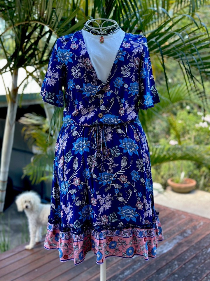 👗Ally-Ladies Blue Boho Print V-Neck Short Sleeves Mini Skater Dress/Baby Doll