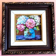  Original OIL Impasto PAINTING  Hydrangea and roses by Olga Diduh Framed