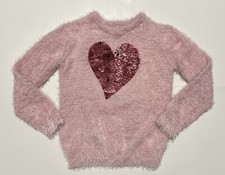 DKNY Size M Pink Fuzzy Sweater Flip Sequin Heart Silver Girls