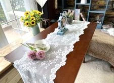Gorgeous White Rose Filet Lace Scallop 2 Borders Table Runner L