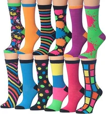 Tipi Toe Women's 12 Pairs Colorful Funky Patterned Crew Dress Socks