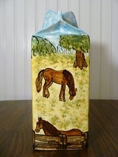 Hand Crafted Ceramic MILK CARTON Painted Country Farm Scene Horses, Rooster...