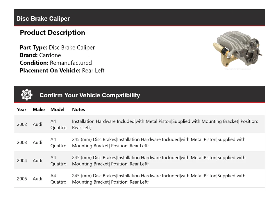 Pinza de freno de disco trasera izquierda cardone 2003 2004 para Audi A4 Quattro 2002-2005 Foto 2 de 4