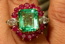 7.10CT Green Emerald With Pink Rubies & White CZ 935 Argentium Silver Women Ring