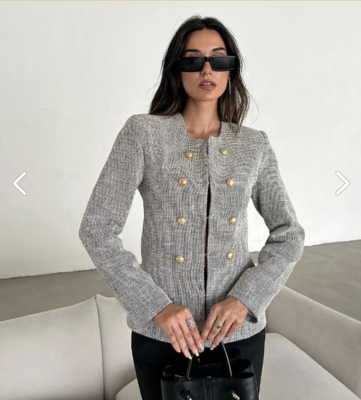 ZARA WOMEN NEW GOLD BUTTON TEXTURED BLAZER GRAY ECRU / BLACK ZARA WOMEN NEW GOLD BUTTON TEXTURED BLAZER GRAY ECRU / BLACK