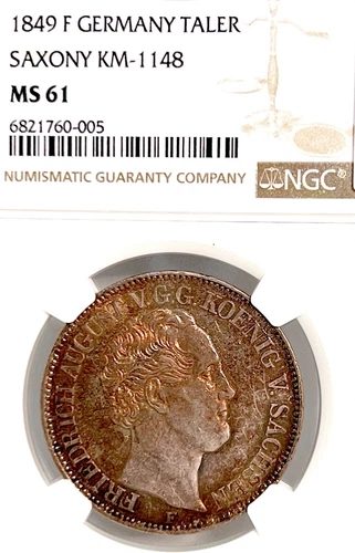 German States Saxony 1849 F Taler Coin NGC MS 61 VZ/F.STG Thaler UNC RARE COLORS