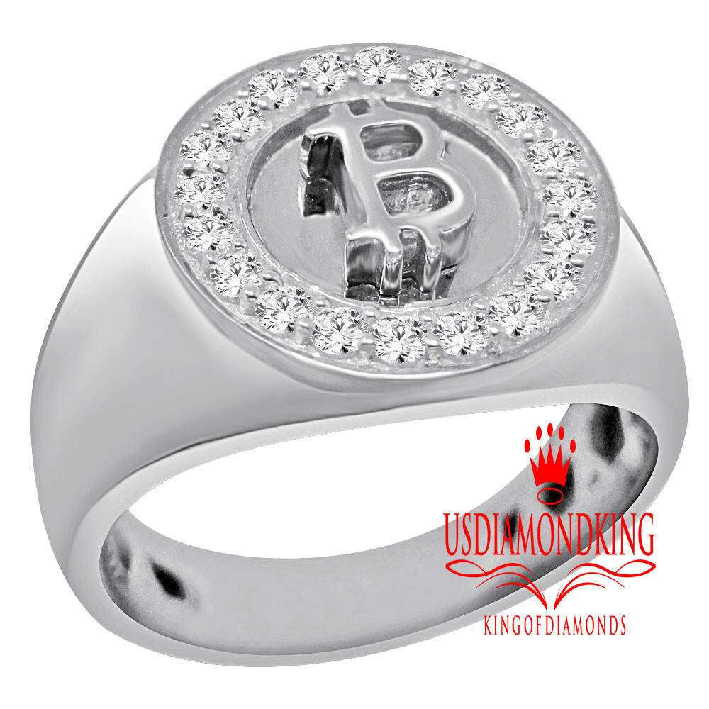 Real White Gold On Sterling Silver Bitcoin cryptocurrency Diamond Mens Ring  Band