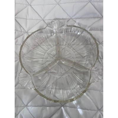Vintage Clear Glass Serving Dish three section Scalloped Edge Ridge Fan Art Deco