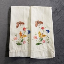2 Vintage Floral Hand Embroidery Appliqu Cotton Guest Towels - Butterflies