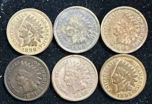 Lot of 6 Indian Head Cents/Pennies (1891-1899) Full Dates VF-XF Grades