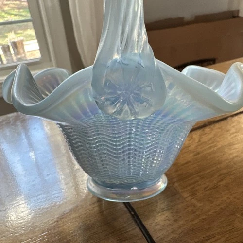 Vintage Fenton Misty Blue Iridescent Herringbone Glass Basket 7” By 6”