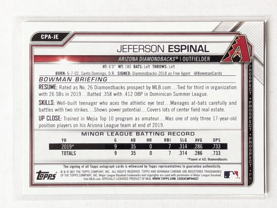 2021 Bowman Chrome Jeferson Espinal Speckle Refractor Auto /299 #CPA-JE - Image 2 of 2