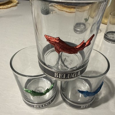 3 BELUGA Russian Vodka Glasses Tumbler Pewter Base Whale 8 oz BLUE RED GREEN New