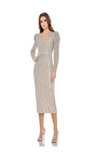 NWT Mac Duggal 93676 Silver Beaded Lace Long Sleeve Midi Dress size 4 MSRP $538