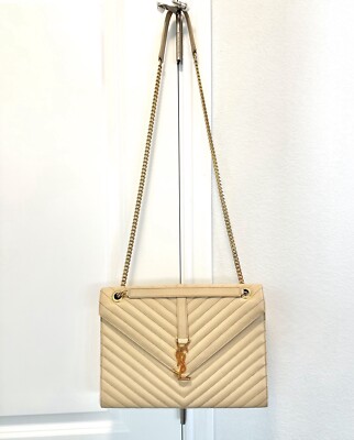 Auth SAINT LAURENT Grain De Poudre Matelasse Chevron Large