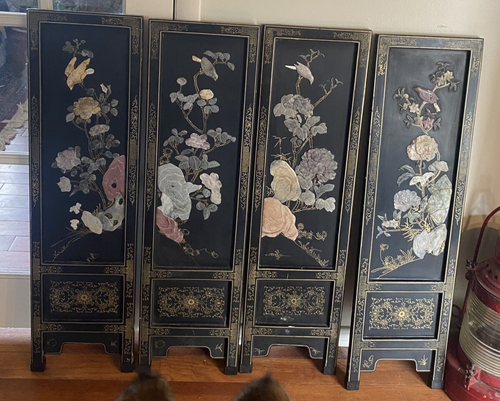 Vtg Jinlong Wall Hanging Black Lacquer Carved Stone Birds Floral 36x10 Picture - Picture 16 of 16