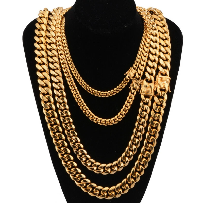 Mens Miami Cuban Link Chain 18k or 14k Gold Plated Stainless Steel
