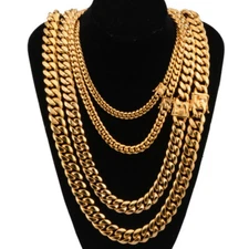 Mens Miami Cuban Link Chain 18k or 14k Gold Plated Stainless Steel (8MM to 16MM)