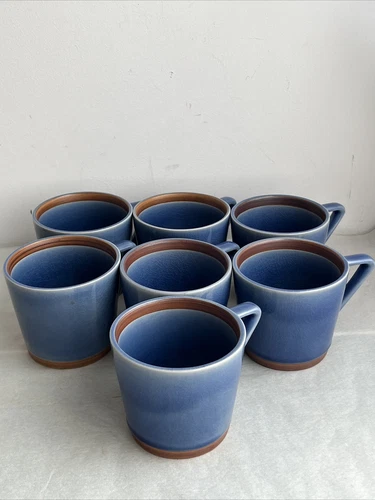 Waechtersbach Pure Nature Mugs Set of 7 Germany Blue + Brown Crazed Finish
