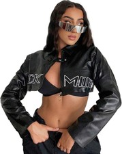 Aelfric Eden Women's Motorcycle Crop Jacket Letter Hiphop Streetwear Vintage...